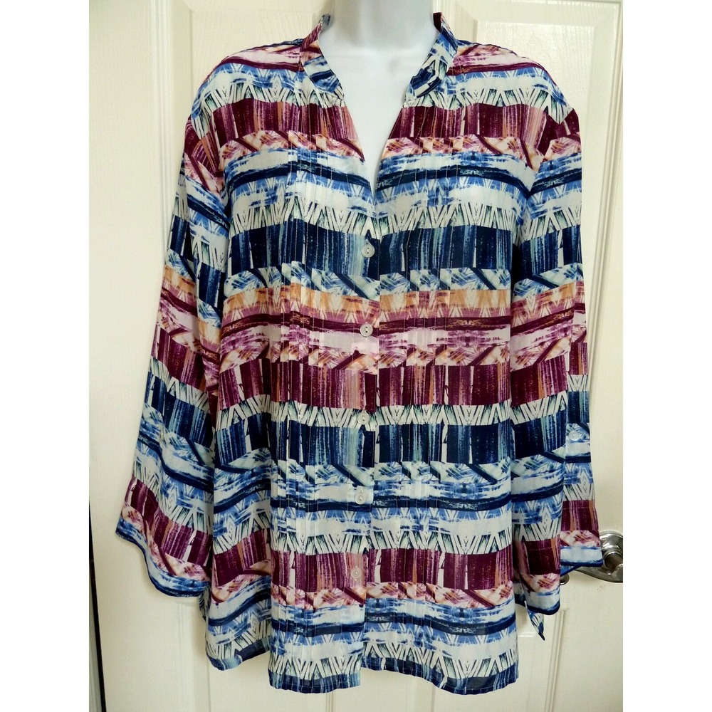 *ALFRED DUNNER Sz 18 Roll-Tab Sleeve Blouse Colorful Pin-Tucked Career Office*